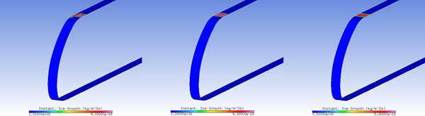 Instantaneous Ice Growth on the External Surface (ICE3D) (Left: CFX; Middle: Fluent; Right: FENSAP)