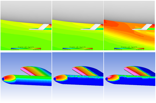 LWC & Collection Efficiency on a Pitot Tube Mounted on the Nose: SLD Breakup Model (Left), SLD Breakup and Splashing/Bouncing Models (Middle), SLD Reinjection Model (Right)