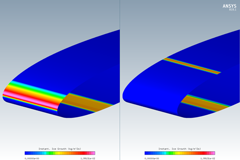 Ice Accretion Rate Using Average (Left) and Maximum (Right) Running Wet Required Heat Fluxes on the Leading Edge of a NACA0012