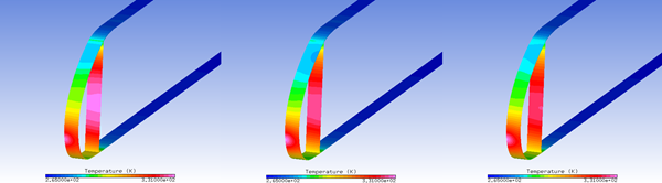 Temperature Contours on the Solid (C3D) (Left: CFX; Middle: Fluent; Right: FENSAP)