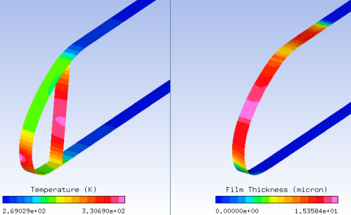 Temperature Contours on the Solid (C3D) and Water Film Thickness on the External Surface (ICE3D)