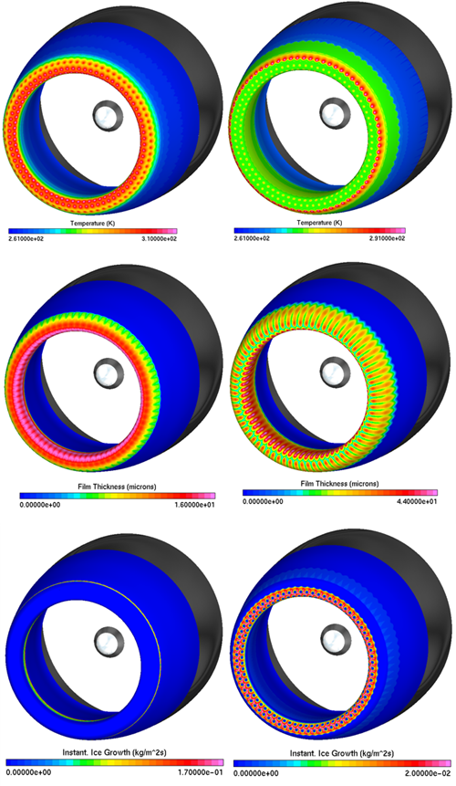 Temperature Contours on the Solid (C3D) and Water Film Thickness and Ice Accretion Rate on the External Surface (ICE3D) – Droplets Only (Left) and Droplets + Crystals (Right)