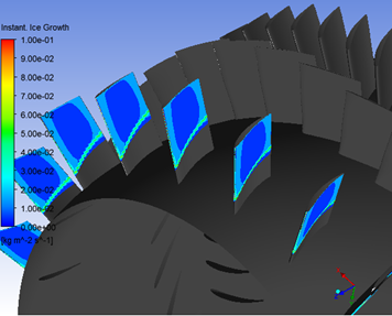 Turbo Ice View in CFD-Post Displaying the Instant Ice Growth over the Compressor (IGV, Rotor, and Stator)