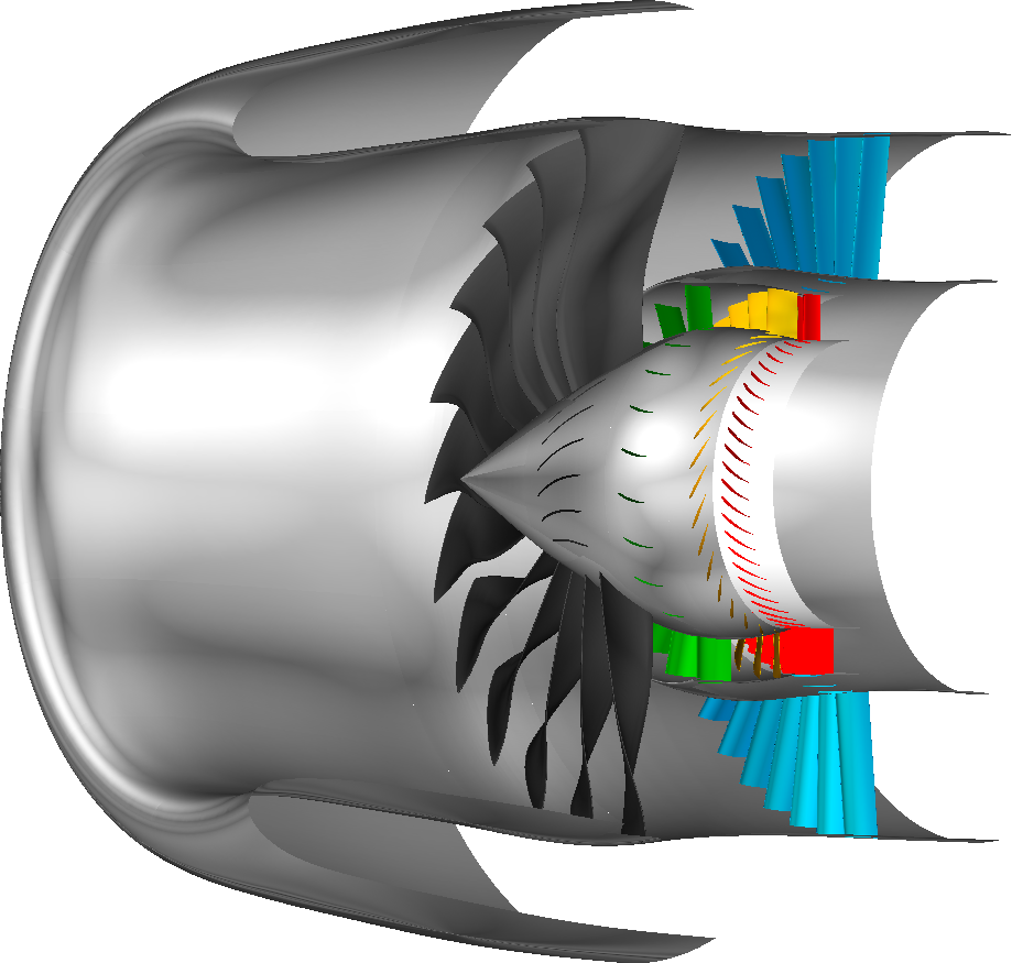 Turbofan Geometry: Nacelle with Nose-Cone, Fan, Bypass OGV (Blue), IGV (Green), Rotor (Yellow), Stator (Red)