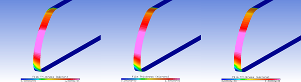 Water Film Thickness on the External Surface (ICE3D) (Left: CFX; Middle: Fluent; Right: FENSAP)