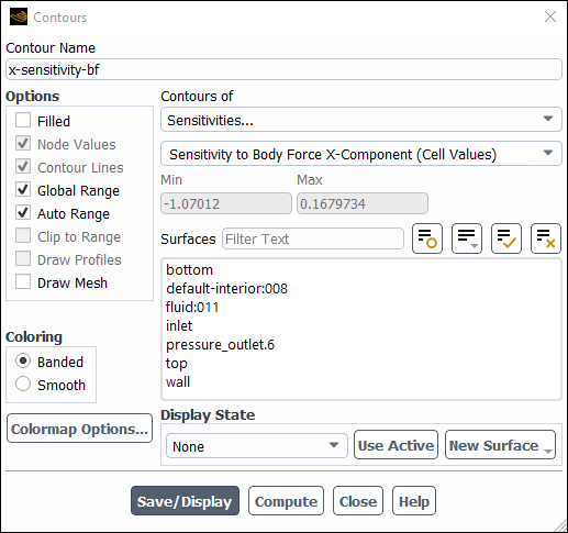 Contours Dialog Box When Plotting Adjoint Fields