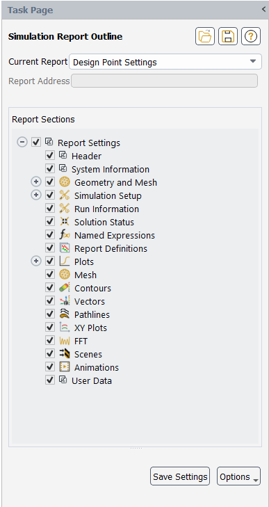The Simulation Report Outline Task Page for Design Point Settings