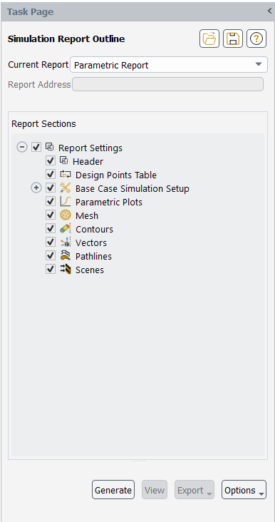 The Simulation Report Outline Task Page for Parameter Report Settings