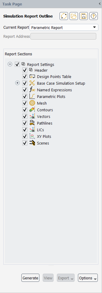 The Simulation Report Outline Task Page for Parameter Report Settings