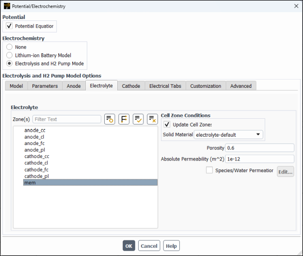 Potential/Electrochemistry Dialog Box - Electrolyte Tab