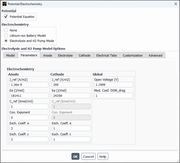 Potential/Electrochemistry Dialog Box - Parameters Tab
