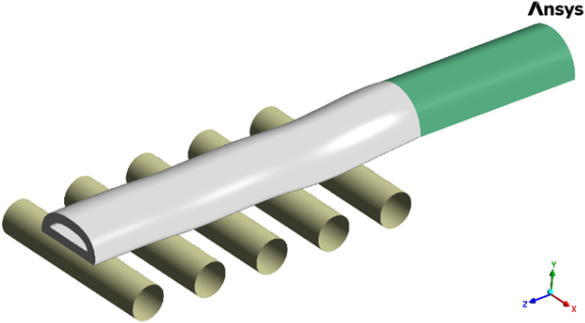 Simulation of the Extrusion of a Heavy Profile Assisted by Conveyor Rollers. The Fluid Flows From Right to Left. Important Components Are the Die Wall (Green), the Extrudate (Grey) and the Conveyor Rollers (Brown)