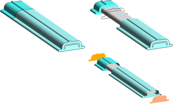 3D Non-isothermal Extrusion of a Rubber Profile Reinforced With a Metal Insert. Left: Calculation Domain With Die Region (Blue), Extrudate (Light Blue), Metal Insert (Grey). Right Above: Open View of the Domain. Right Below: Boundaries With, From Left to Right, Inlet (Orange), Die Wall (Blue), Interface With Metal Insert (Grey), Extrudate Wall (Light Blue), Outlet (Light Orange)