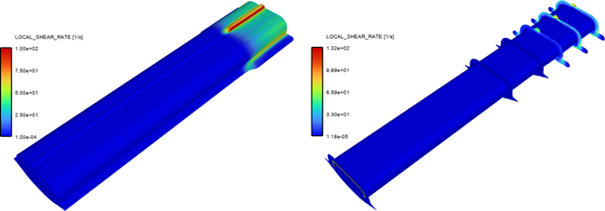 Contours of Local Shear-Rate on Outer Boundaries (Left) and on Some Cutting Planes and on the Metal Insert (Right)