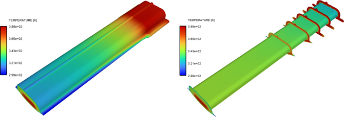 Contours of Temperature on Outer Boundaries (Left) and on Some Cutting Planes and on the Metal Insert (Right)