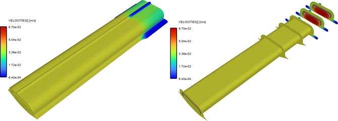 Velocity Magnitude on Outer Boundaries (Left) and on Some Cutting Planes and on the Metal Insert (Right)