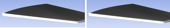 Computed Ice Shape at the End of the 6th Shot (Left: Script Run; Right: Simulation from the Multishot Icing with Automatic Remeshing on the Onera M6 Wing Tutorial)