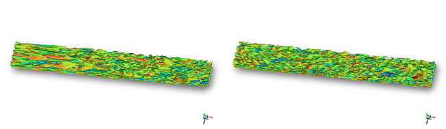 Turbulent Structures Generated by Synthetic Turbulence Generator in the Boundary Layer with Arbitrarily High Turbulent Length Scale in the Free Stream: With Scale Search Limiter Option Set to None (left) and with Specified Turbulent Intensity Threshold 2% (right)