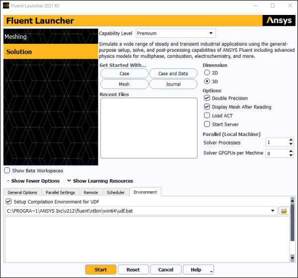 The Environment Tab of the Fluent Launcher Dialog Box