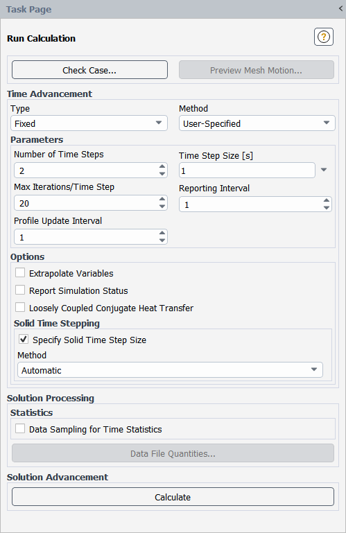 The Run Calculation Task Page Showing Solid Time Stepping