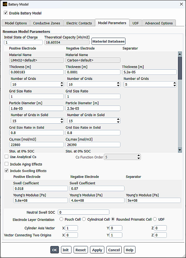 Model Parameters Tab—Newman’s P2D Model