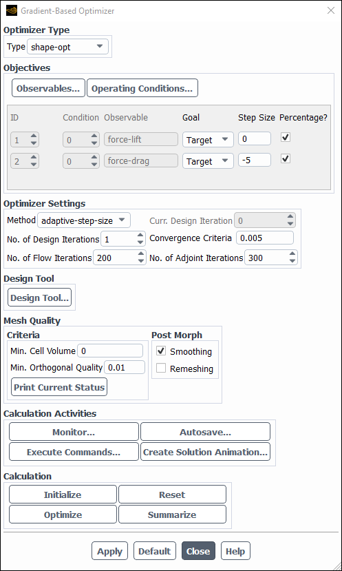 Gradient-Based Optimizer Dialog Box
