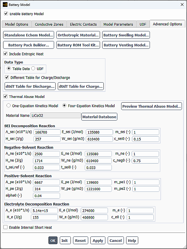 The Battery Model Dialog Box (Advanced Options Tab)