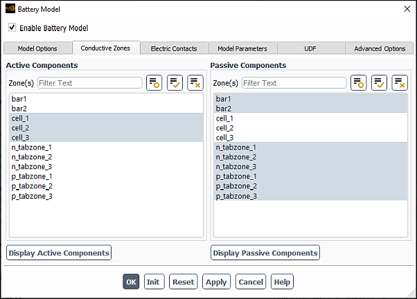 The Battery Model Dialog Box (Conductive Zones Tab)