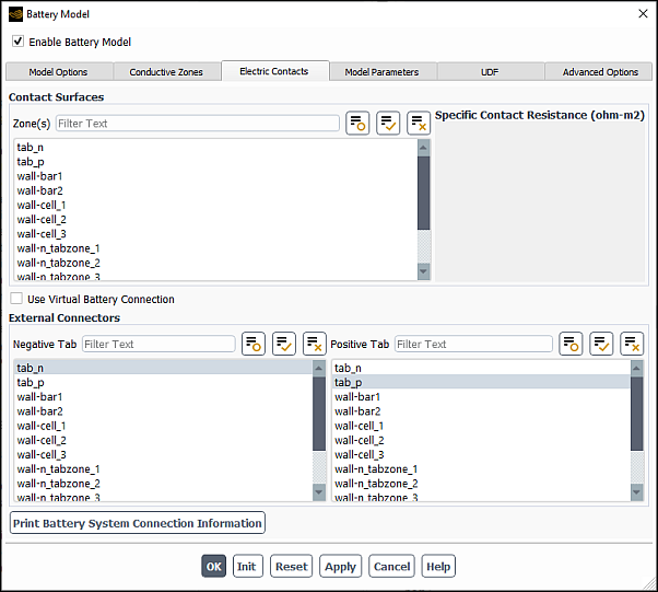 The Battery Model Dialog Box (Electric Contacts Tab)