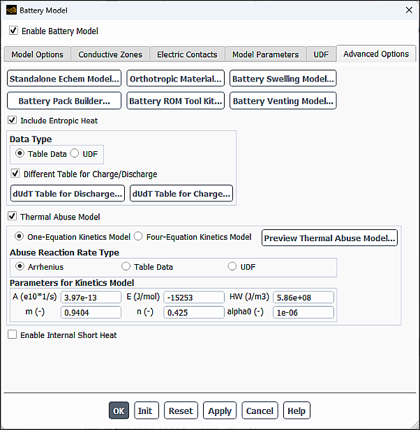 The Battery Model Dialog Box - One-Equation Kinetics Model