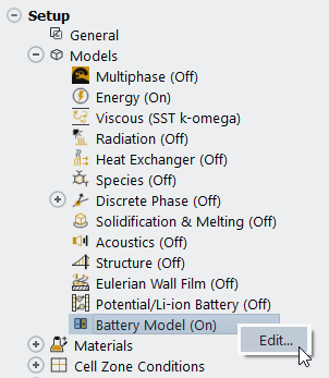 The Battery Model Option in the Outline View