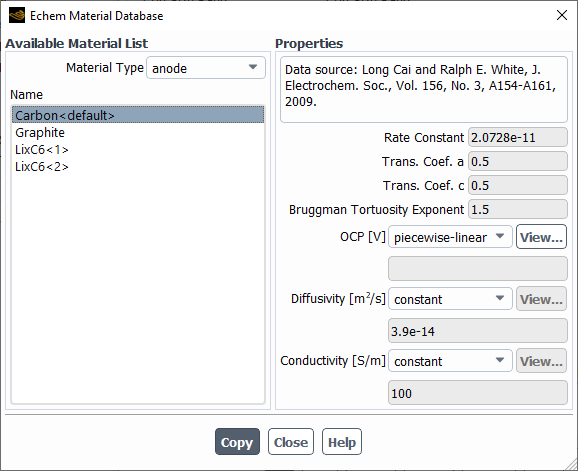 The Echem Material Database Dialog Box