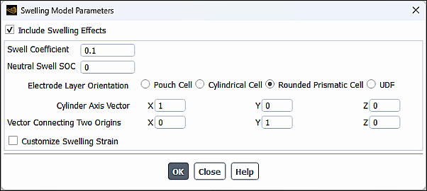 The Swelling Model Parameters Dialog Box