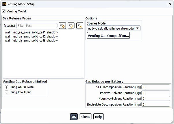 The Venting Model Setup Dialog Box