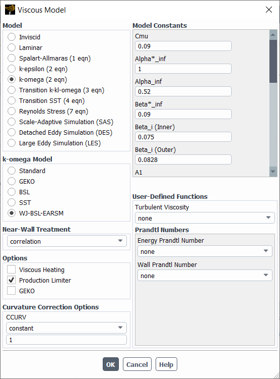 The Viscous Model Dialog Box With WJ-BSL-EARSM Enabled