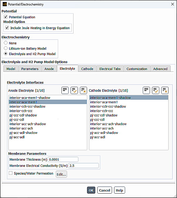 The Electrolyte Tab of the Potential/Electrochemistry Dialog Box - Unresolved MEA Layer