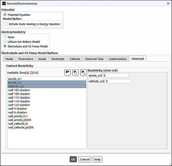 The Advanced Tabs Tab of the Potential/Electrochemistry Dialog Box