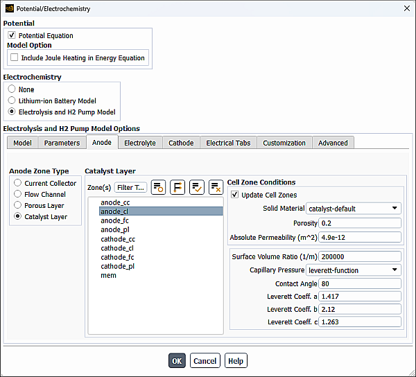 The Anode Tab of the Potential/Electrochemistry Dialog Box with the Catalyst Layer Selected - Resolved Approach