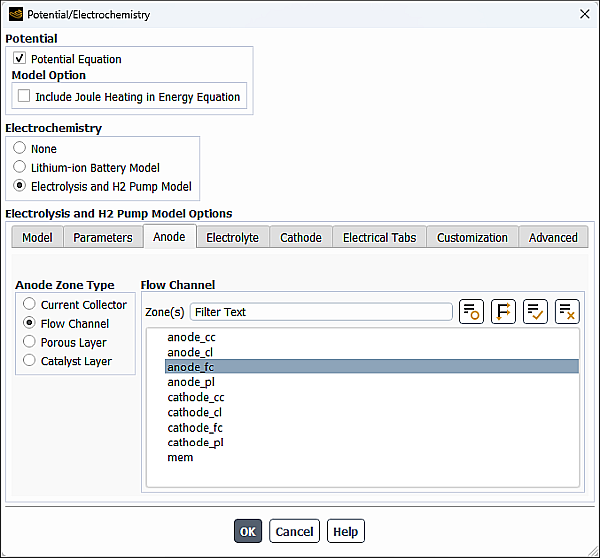 The Anode Tab of the Potential/Electrochemistry Dialog Box for the Flow Channel