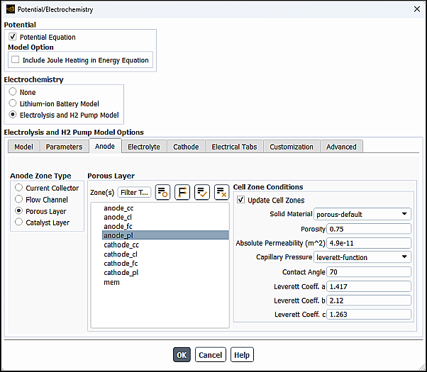 The Anode Tab of the Potential/Electrochemistry Dialog Box for the Porous Layer