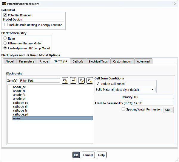 The Electrolyte Tab of the Potential/Electrochemistry Dialog Box - Resolved MEA Layer