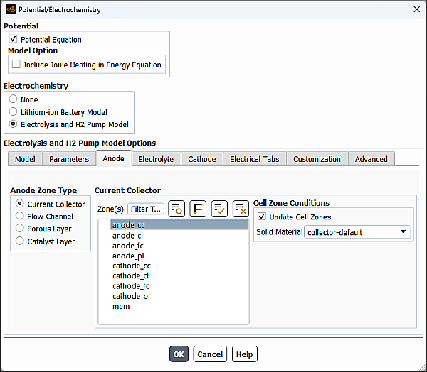 The Anode Tab of the Potential/Electrochemistry Dialog Box for the Current Collector