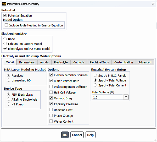 The Potential/Electrochemistry Dialog Box (Model Tab)