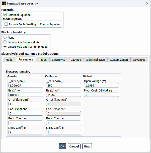 The Potential/Electrochemistry Model Dialog Box (Parameters Tab)