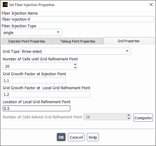 Defining a Three-Sided Fiber Grid Using the Set Fiber Injection Properties Dialog Box