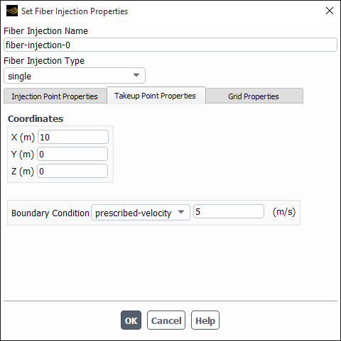 The Set Fiber Injection Properties Dialog Box With Take-Up Point Properties