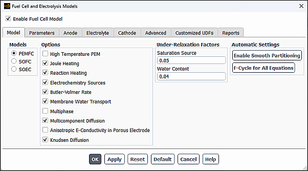 The Model Options in the Fuel Cell and Electrolysis Models Dialog Box—PEMFC Enabled