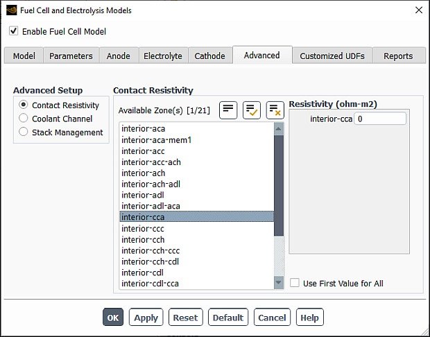 The Advanced Tab of the Fuel Cell and Electrolysis Models Dialog Box for Contact Resistivities