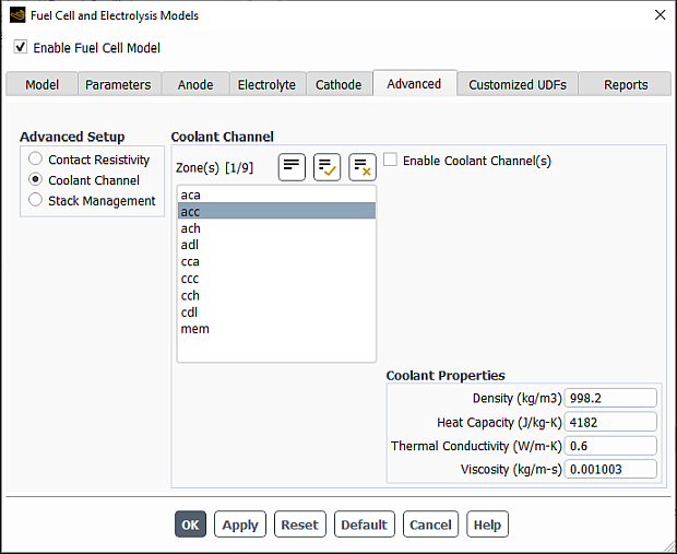 The Advanced Tab of the Fuel Cell and Electrolysis Models Dialog Box for the Coolant Channel