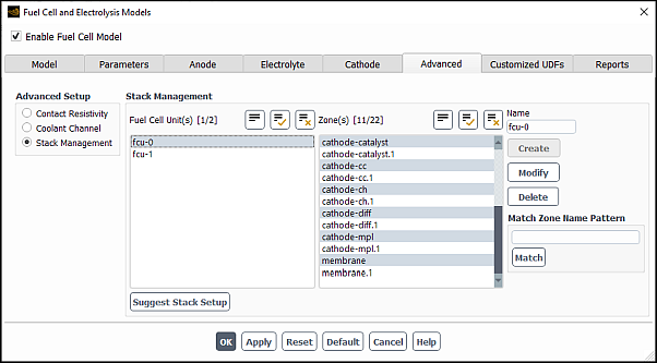 The Advanced Tab of the Fuel Cell and Electrolysis Models Dialog Box for Stack Management